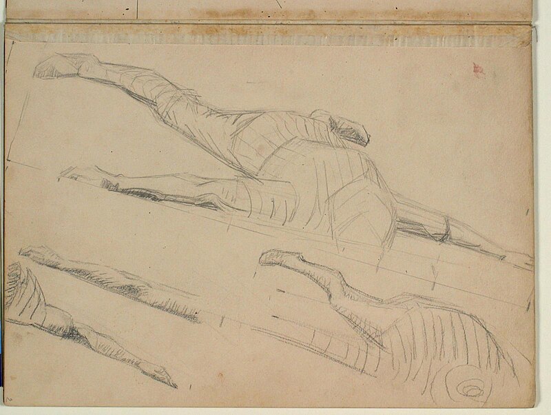 Study of recumbent soldier for "Resurrection of Christ", seen in strong foreshortening from the front. Also detailed studies of the right and left arm, Niels Larsen Stevns