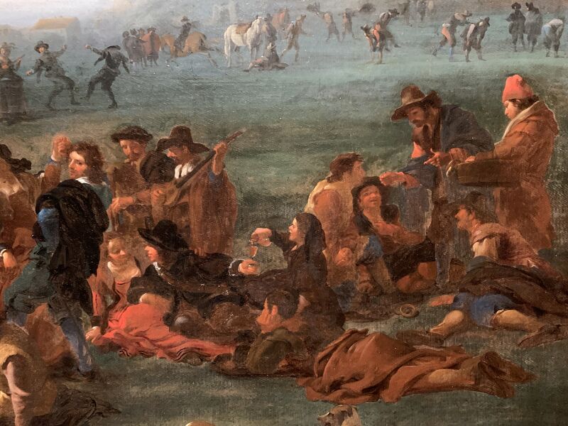 Market scene in Prati outside Rome with the dome of Saint Peter's in the background, on the left side of the foreground carnival-goers, Jan Miel, circa 1650