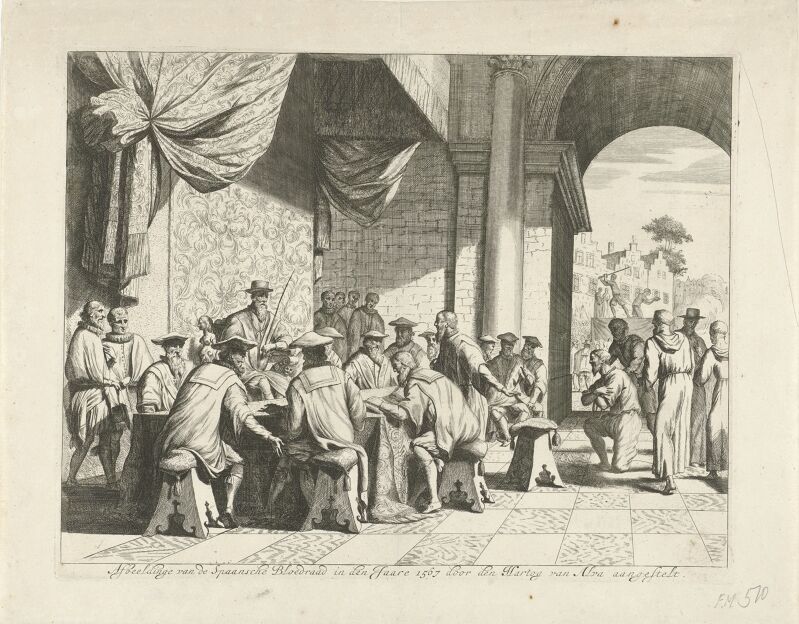 Alva zit de Spaanse Bloedraad voor, 1567 Afbeeldinge van de Spaansche Bloedraad in den Jaare 1567 door den Hartog van Alva aangestelt (titel op object), RP-P-OB-66.161, Jan Luyken, between 1679 and 1684