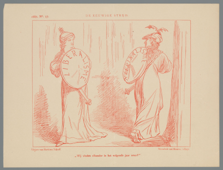 Spotprent op de eeuwige strijd tussen liberale en klerikale partijen, 1887, RP-P-OB-90.528, Johan Michaël Schmidt Crans