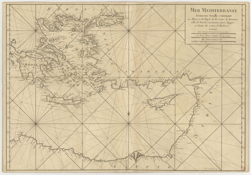 Map of the Mediterranean Sea in Three Sheets / Presented to Mgr. the Count of Maurepas; By Mr. Grognard, Pilot maintained at the Department of Toulon; Dheulland sculpted; Bourgoins the Younger scripsit, 1745