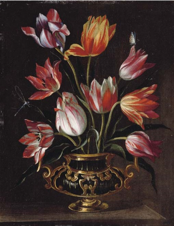 Parrot tulips in an urn with a dragonfly and a butterfly on a stone ledge, Abraham Brueghel, circa 1690