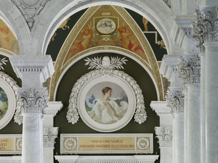 Second Floor, South Corridor. Mural of Autumn by Frank W. Benson under printer's mark of Sebastian Nivelle. Library of Congress Thomas Jefferson Building, Washington, D.C. LCCN2007684536, Frank Weston Benson