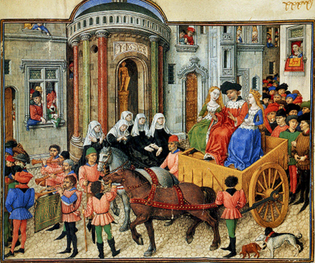 Theseus entering Athens in triumph with Hippolyta, Queen of the Amazons, and her sister Emily, from The Theseus, codex Vidobonensis 2617, Austrian National Library, Barthélemy d'Eyck, circa 1460