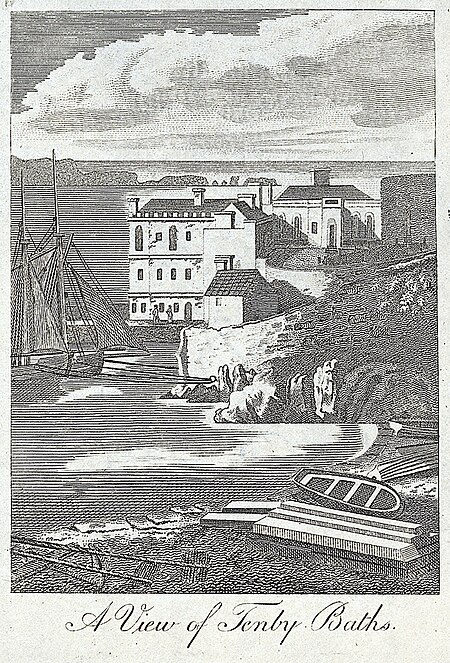 A view of Tenby baths, circa 1825