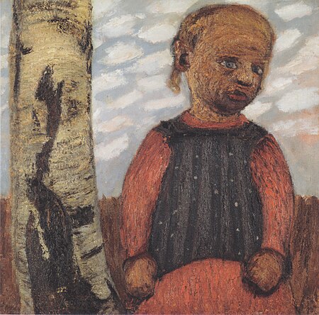 Girl in red dress on tree trunk in front of cloudy sky, Paula Modersohn-Becker, circa 1905