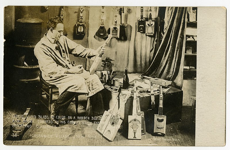 Great lurid blobs of color on a wooden box and Bobby Edwards in his garret 'neath the stars creating ukeleles, Robert Edwards, by 1920