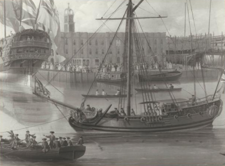 (detail of) A view of Deptford Dockyard at the launching of HMS Medway, John Cleveley the Elder, 1755
