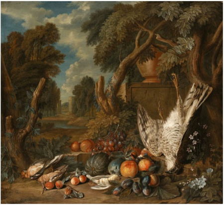 Fruit, dead Songbirds and a Kestrel on a forest floor, a river Landscape with a Castle beyond, Pieter Andreas Rijsbrack