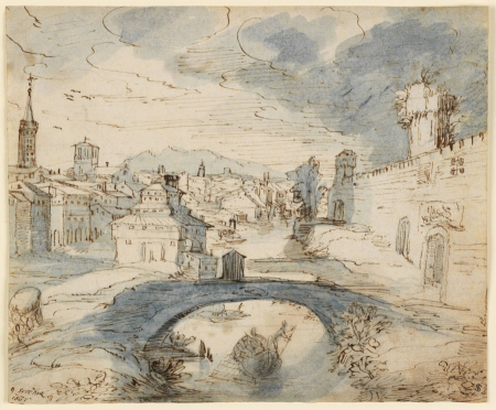 View of an Italian Town with an Arched Bridge, Lodewijk Toeput, 1601