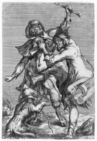 Hurdy-Gurdy Player Attacking a Pilgrim, Jacques Bellange, circa 1614