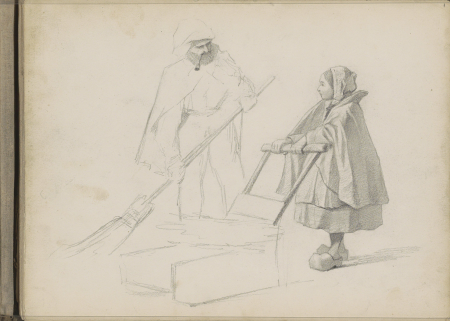 Man met een pijp en bezem en een meisje met slede, RP-T-2009-89-1, Willem Cornelis Rip, 1874