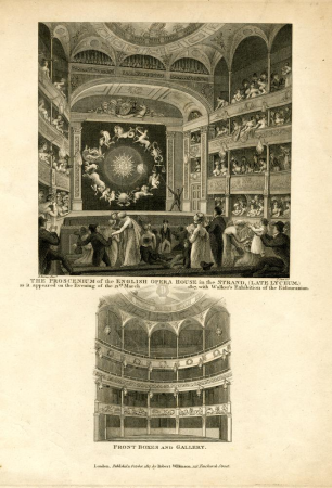 The Proscenium of the English Opera House in the Strand, (late Lyceum.) as it appeared on the Evening of the 21st March 1817, with Walker's Exhibition of the Eidouranian., 1817=10-17