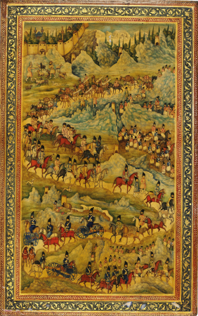 Qajar lacquer book cover, attributable to Muhammad Ismail, Qajar Iran, circa 1865, depicting the taking of Turkman prisoners following a victorious battle along the frontier, Muhammad Isma'il Isfahani, circa 1865