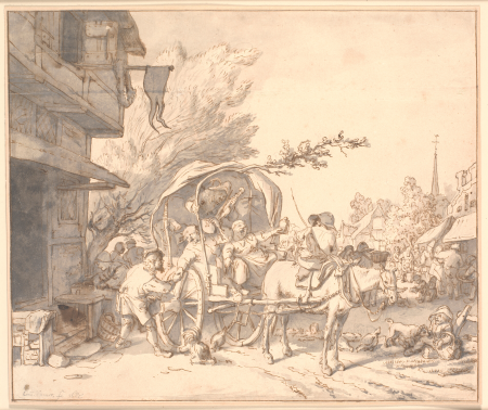 Market scene with drowned farmers in a cart in front of a tavern, Cornelis Dusart, 1685