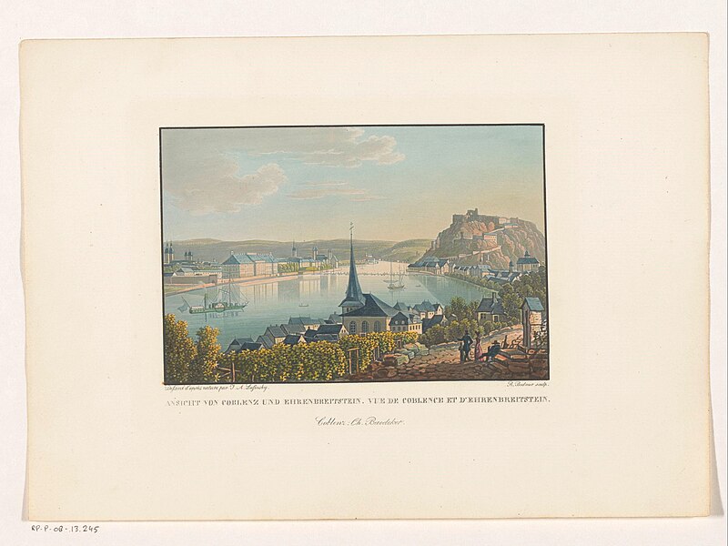 Gezicht op Koblenz en Ehrenbreitstein Ansicht von Coblenz und Ehrenbreitstein Vue de Coblence et d'Ehrenbreitstein (titel op object), RP-P-OB-13.245, Rudolf Bodmer, between 1832 and 1872