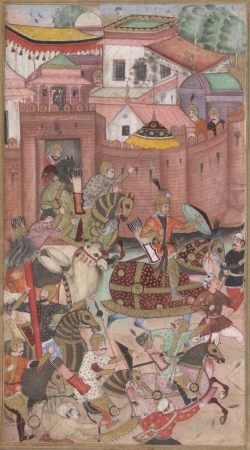 Babur and his army emerge from the Khwaja Didar Fort, Basawan, between 183 and 1530