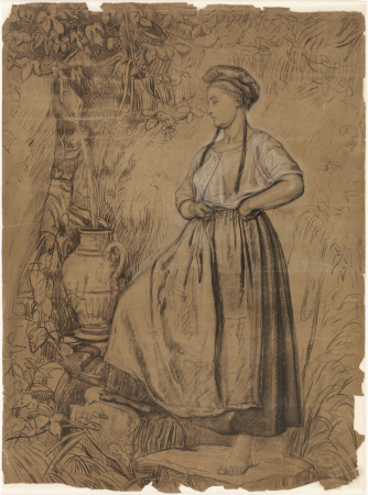 Staand meisje, een kan vullend met water uit een bron, RP-T-1989-239, Thomas Simon Cool, between 1841 and 1870