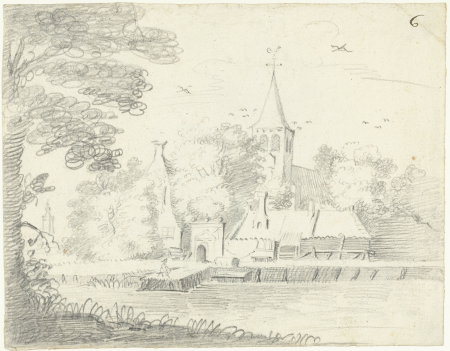 Landschap met een kerk achter huizen langs een rivier, RP-T-1887-A-1241(R), Gerard ter Borch, between 1617 and 1690