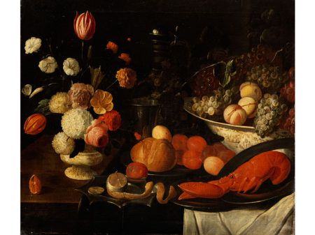 Still life with a flower piece, a bowl of fruit and a lobster, Pseudo-Simons, between 1650 and 1680