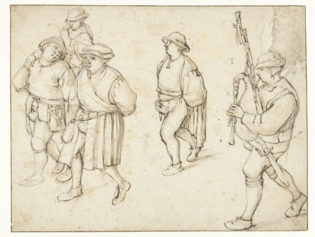 Vijf boeren en een doedelzakspeler uit een bruiloftsoptocht, RP-T-1881-A-131, Adriaen Brouwer, between 1600 and 1610