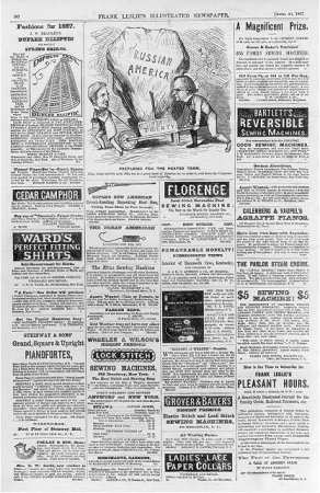 Full page of advertisements and a political cartoon "Preparing for the heated term; King Andy and his man Billy lay in a great stock of Russian ice in order to cool down the Congressional LCCN99614050, Frank Leslie, 1867