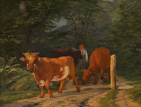 A shepherd leading cattle along a forest road., Carlo Dalgas, between 1839 and 1851