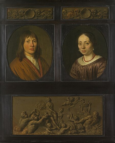 Portrait piece composed of the portrait of a man, the portrait of a woman, two ornamental friezes with shell motif and a triumphal procession of Amphitrite, between 1678 and 1705