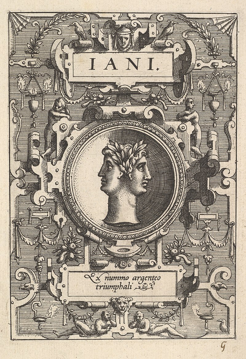 Bust of Janus surrounded by strapwork, from the series 'Deorum dearumque,' a set of images of deities after coins in the collection of Abraham Ortelius, Hans Vredeman de Vries, 1573