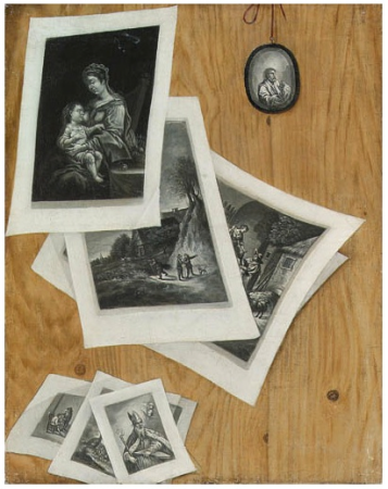 A trompe l'oeil of prints stuck to a wooden partition, Cornelis Norbertus Gijsbrechts, between 1725 and 1799
