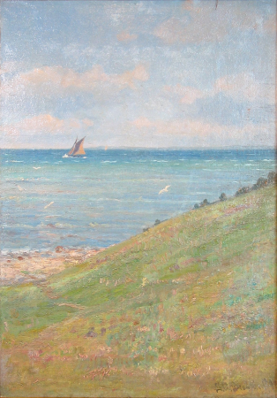 Coastal view with a sailing ship., Johan Ulrik Bredsdorff, 1899