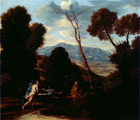 Landscape with a Man Frightened by a Snake, Nicolas Poussin, circa 1633-1635