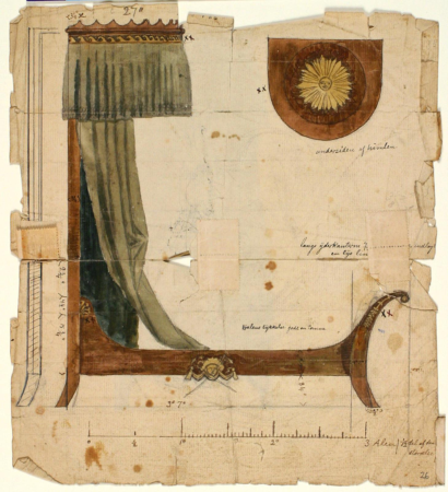Drawing of a four-poster bed seen from the side, as well as notes and measurements, Niels Larsen Stevns