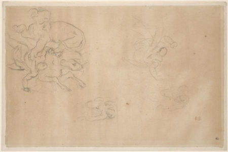 Delacroix - Lion attaquant un cavalier, et trois études de cavalier renversé, RF 9485, Recto, Eugène Delacroix