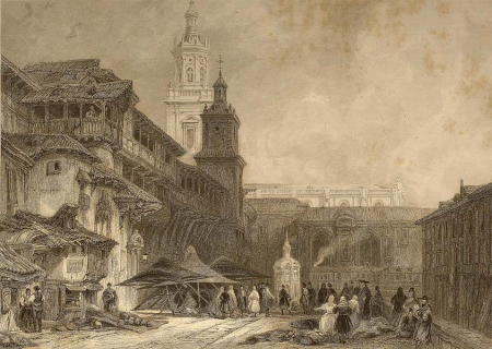 Plaza de la Virgen Blanca Vitoria in 1833 with two towers by David Roberts, David Roberts