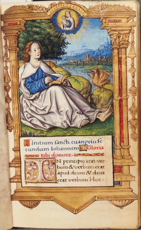 Saint John on Patmos, miniature from a book of hours used in Rome., Étienne Colaud, circa 1512-1513