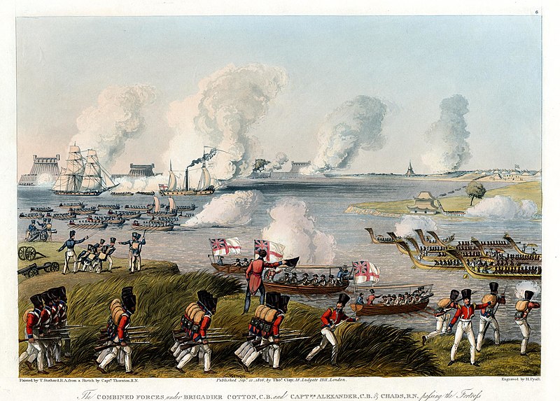 The Combined Forces under Brig. Cotton, C.B. and Captains Alexander, C.B. & Chads, R.N. passing the Fortress of Donabue to effect a junction with Sir Archibald Campbell, on the 27th March 1825 1241485001, Henry Pyall, 1826