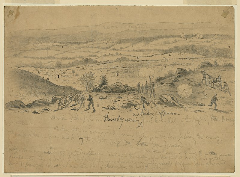The battle of Gettysburg. View from the summit of Little Round Top. The advance of Genl. Longstreet's Corps on the Union position (5th Corps) on Little Round Top, Thursday evening and Friday LCCN2004661929, Edwin Forbes, 1863