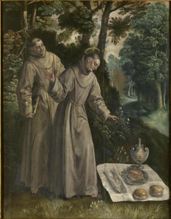 In a clearing of the forest Didacus find a meal of bread, fish and wine, Maerten de Vos, between 1591 and 1600