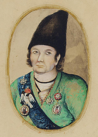 Cropped image of an oval miniature head-and-shoulders portrait of Manuchihr Khan Mu'tamid al-Dawleh, Qajar Persia, probably Isfahan, style of Muhammad Isma'il, circa 1840, Muhammad Isma'il Isfahani, circa 1840