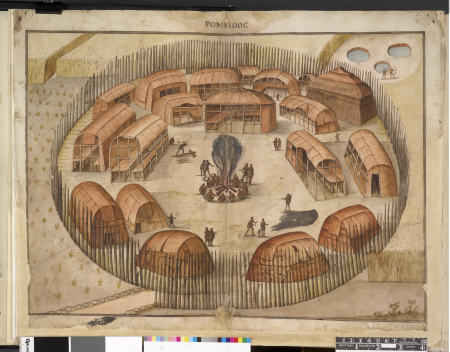 After John White - The village of Pomeiooc (r half), leaf from a volume (now consisting of 113 leaves of drawings), associated with John White, SL, 5270.3
