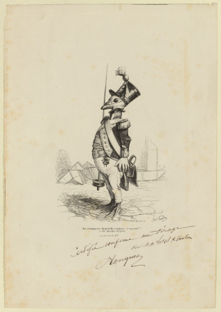 Un soldat en uniforme au garde-à-vous. (Caricature). G.8753 (1 of 2), Vers 1836 — 1846