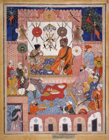 Misbah the Grocer Brings the Spy Parran to his House, folio from a Hamzanama, circa 1570