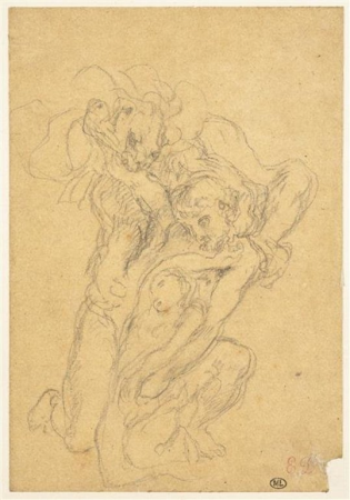 Delacroix - Lion attaquant un homme qui protège un enfant, RF 9524, Recto, Eugène Delacroix