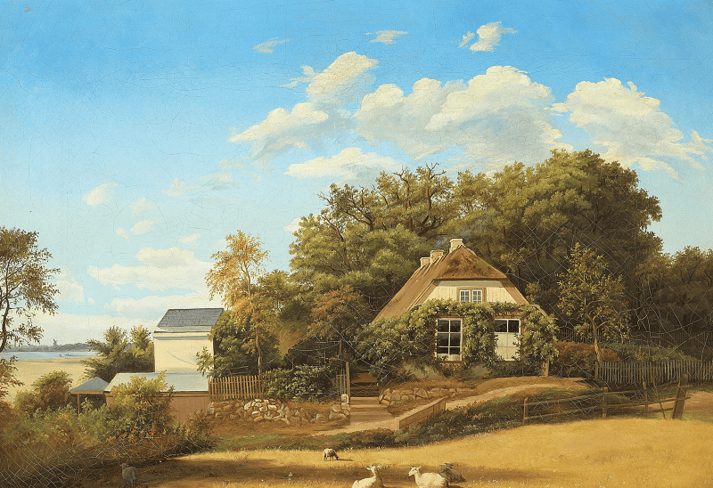Summer view of a thatched farm near an inlet., Carlo Dalgas, between 1839 and 1851