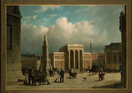 Street sweepers on Dam Square with Zocher's Exchange-Street cleaners on Dam Square-Road sweepers on Dam Square with Zocher's Exchange, Rombertus Julianus van Arum, between 1856 and 1883