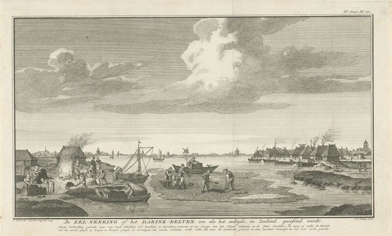 Zoutwinning in Zeeland, ca. 1600 De zel-neering of het darink-delven, zoo als het oudtyds, in Zeeland, geoefend werdt (titel op object), RP-P-OB-60.104, Cornelis Pronk, between 1750 and 1770