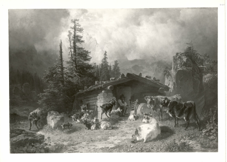 Shepherd with cows and goats in front of the alpine hut, Friedrich Voltz, 1857