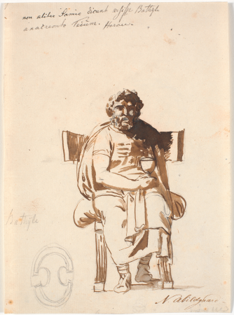 Batyllus, actor in the time of Augustus, seated in a heavy antique chair, en face, with a goblet in his hand, Nicolai Abildgaard