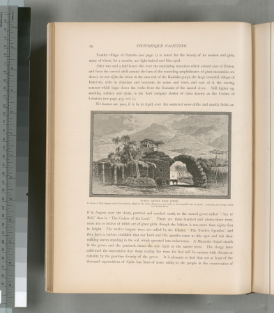 Roman bridge near Juneh. It spans a little stream called Ma'amiltein, which in the water flows from the hills to the beautiful bay of Juneh. Adjoining the bridge there is a Syrian khan., 1881